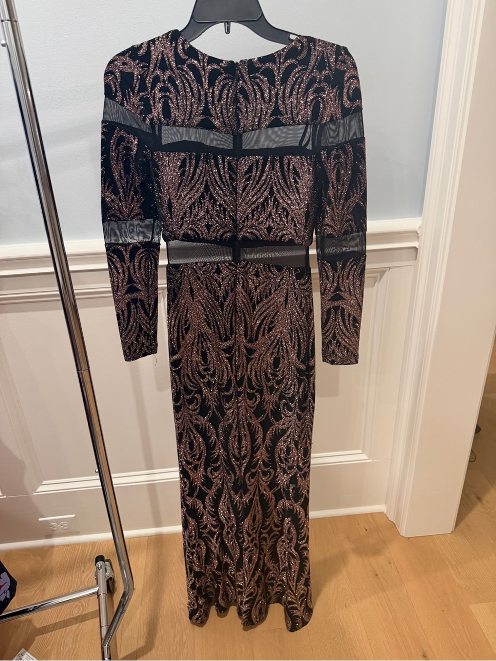 Betsy and Adam Long Sleeve Black and Rose Rose Gold Sparkle Evening Dress 4 - Picture 5 of 14